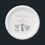 Assiettes En Carton Wild One Animal Safari noir blanc rose Anniversair<br><div class="desc">Une adorable plaque de papier à thème pour animaux de safari "Wild One",  avec des bébés animaux dessinés à la main en noir et blanc,  et des scripts en lettres rose et de la typographie moderne moderne noir sans serif. Copyright Invitations élégants,  tous droits réservés.</div>