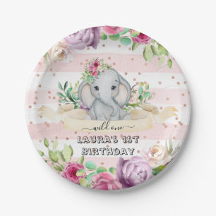 Assiettes En Carton Wild One - Baby Elephant and Flowers 1er anniversa