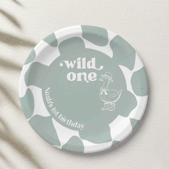 Assiettes En Carton Wild One Dapper Duck 1st Birthday Sage Green Check (Créateur téléchargé)