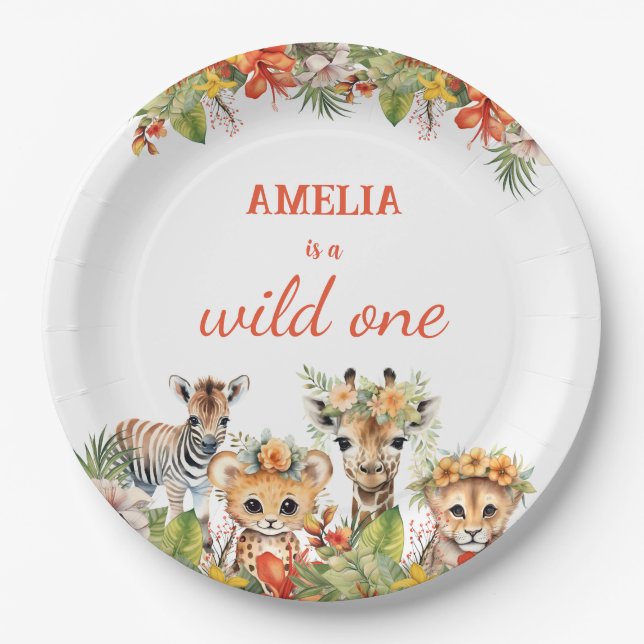 Assiettes En Carton Wild One First Birthday Girl Safari Jungle Animaux (Devant)