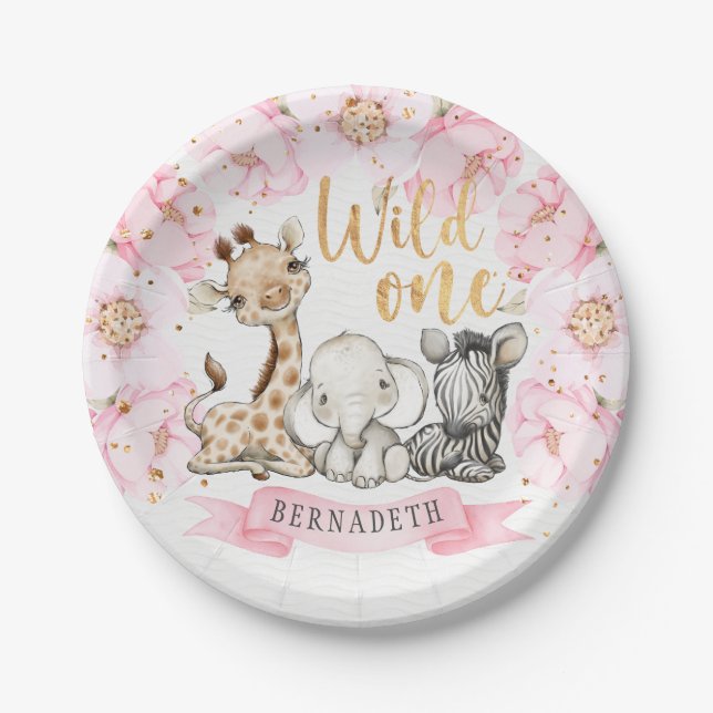 Assiettes En Carton Wild One Floral Peony Safari 1er anniversaire (Devant)