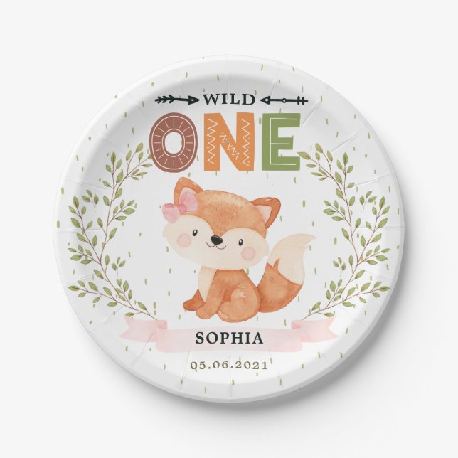 Assiettes En Carton Wild One Girl Baby Fox 1st Birthday Papier Plaque (Devant)