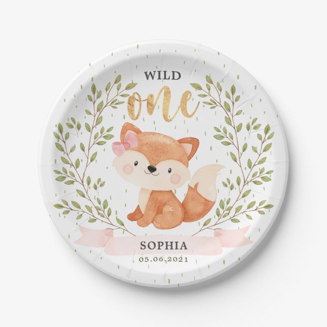 Assiettes En Carton Wild One Girl Baby Fox 1st Birthday Papier Plaque (Devant)