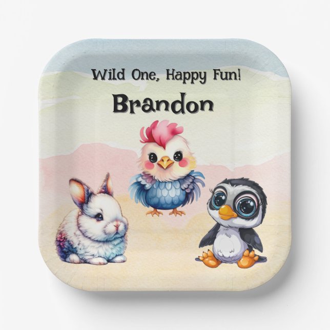 Assiettes En Carton Wild One Happy Fun Woodland Animaux Aquarelle (Recto)