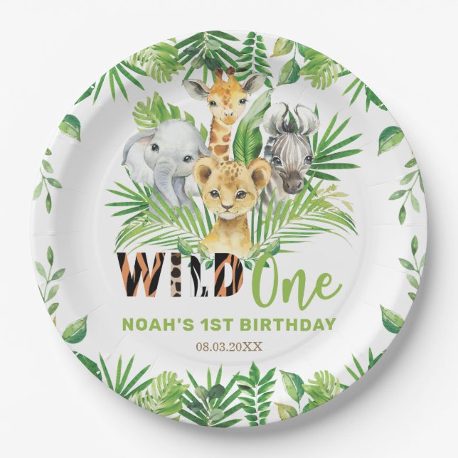 Assiettes En Carton Wild One Jungle Animaux Verdure 1er anniversaire (Devant)