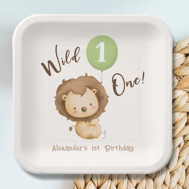 Assiettes En Carton Wild One Lion Sage Green Balloon Boy 1er anniversa (Créateur téléchargé)