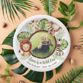 Assiettes En Carton Wild One Photo Jungle Animaux Feuilles 1er anniver