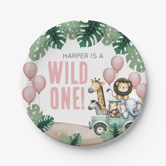 Assiettes En Carton Wild One Pink Safari 1st Birthday (Devant)