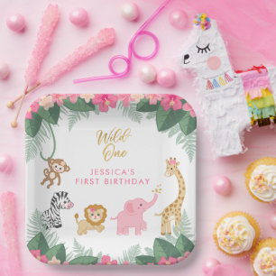 Assiettes En Carton Wild ONE - Pink Safari Girl's premier anniversaire
