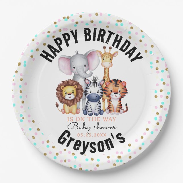 Assiettes En Carton Wild One Safari Animaux Baby shower garçon (Devant)