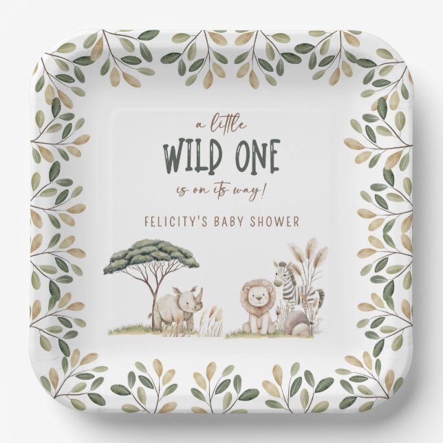 Assiettes En Carton Wild One Safari Animaux Baby shower neutre (Recto)