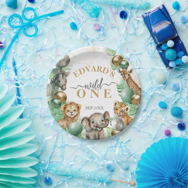 Assiettes En Carton Wild One Safari animaux Balloon Baby 1er anniversa (Fête)