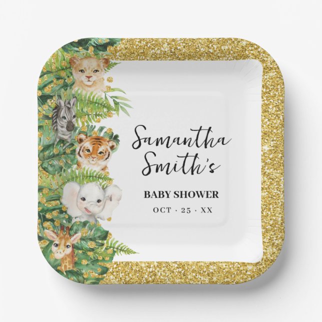 Assiettes En Carton Wild One Safari Animaux Gold Parties scintillant B (Recto)