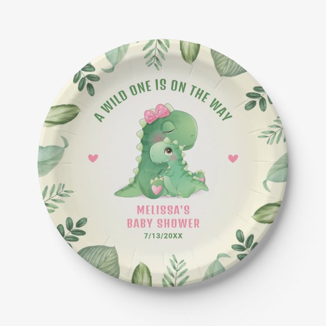 Assiettes En Carton Wild One Sur Le Chemin Dinosaur Rose Baby Girl Dou (Devant)
