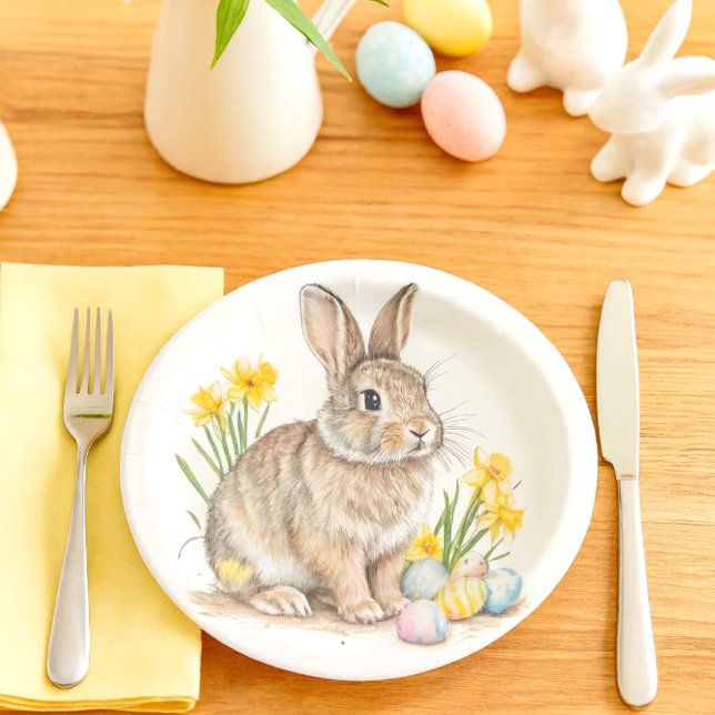 Assiettes En Carton Wild Rabbit with Daffodils Easter  (Darling Easter bunny paper plate, perfect for your holiday gatherings )
