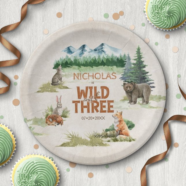 Assiettes En Carton Wild Three Woodland Animal 3e fête d'anniversaire (Créateur téléchargé)