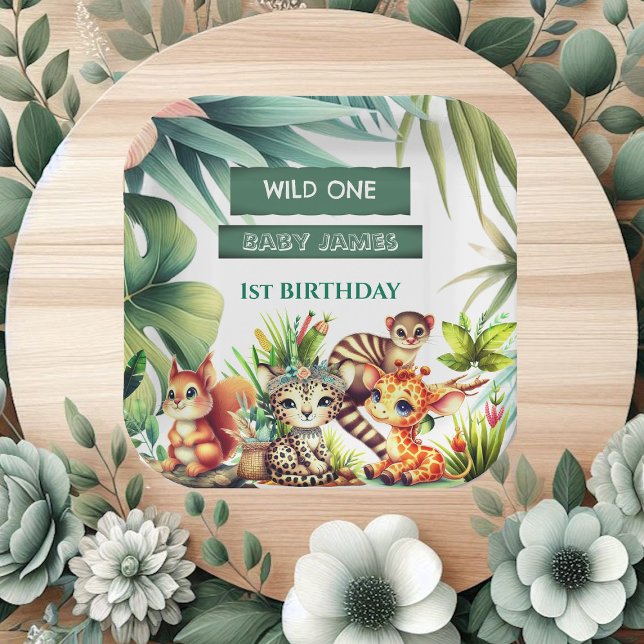 Assiettes En Carton Wild Un Anniversaire Jungle Safari Tropical Green (Wild One Birthday Jungle Safari Tropical Greenery Paper Plates)