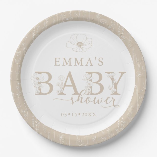 Assiettes En Carton Wildflower Baby Shower | Taupe Floral Plate (Devant)