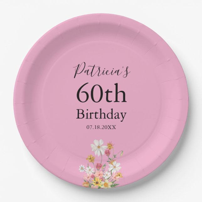 Assiettes En Carton Wildflowers 60th Birthday Pink Party (Devant)
