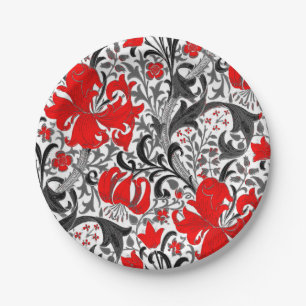 Assiettes En Carton William Morris Iris et Lily, noir, blanc et rouge
