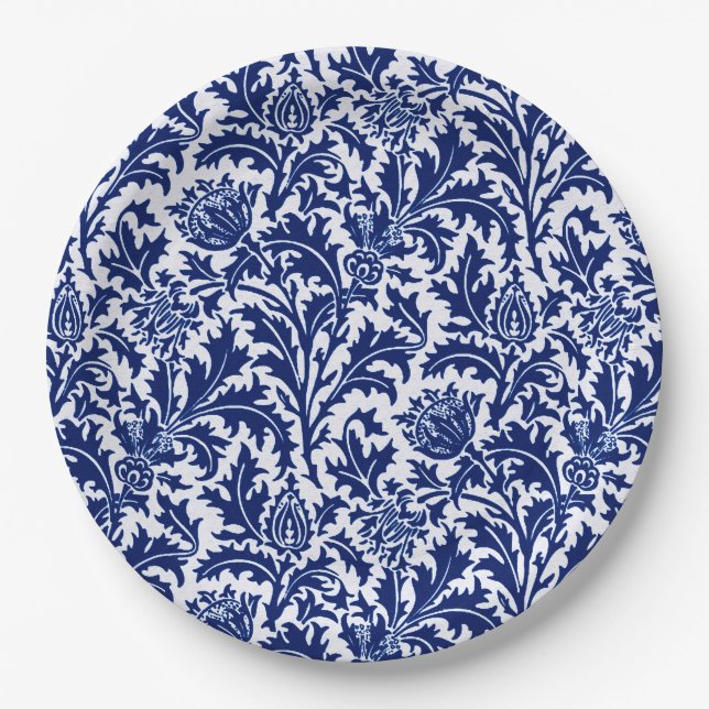 Assiettes En Carton William Morris Thistle Damask, Cobalt Bleu & Blanc (Devant)