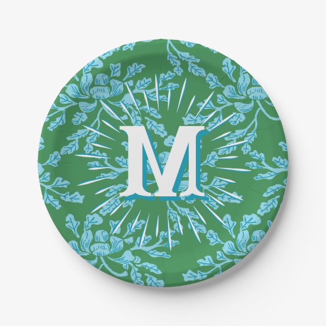 Assiettes En Carton Winding Peony Woodcut in Green + Aqua Personalized (Devant)