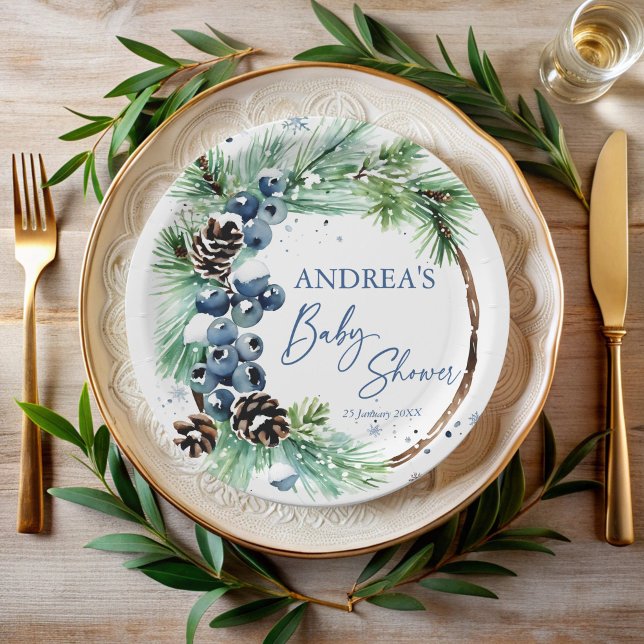 Assiettes En Carton Winter baby shower pines wreath monogrammed (Winter baby shower pines wreath monogrammed paper plates personalized table decor printed plates)