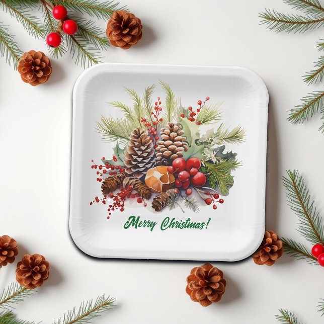 Assiettes En Carton Winter Berries Greenery Pine Cones (Créateur téléchargé)