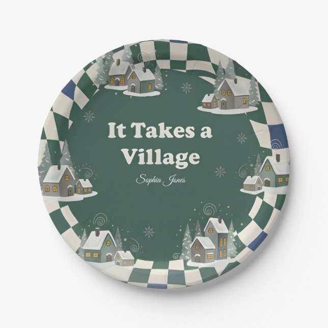 Assiettes En Carton Winter Checkered "It Takes a Village" baby shower  (Devant)