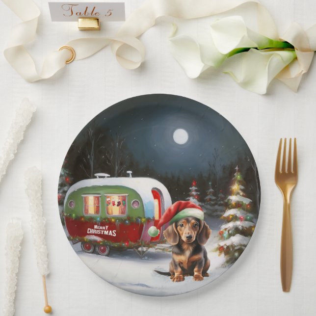 Assiettes En Carton Winter Dachshund Caravan Christmas Adventure (Mariage)