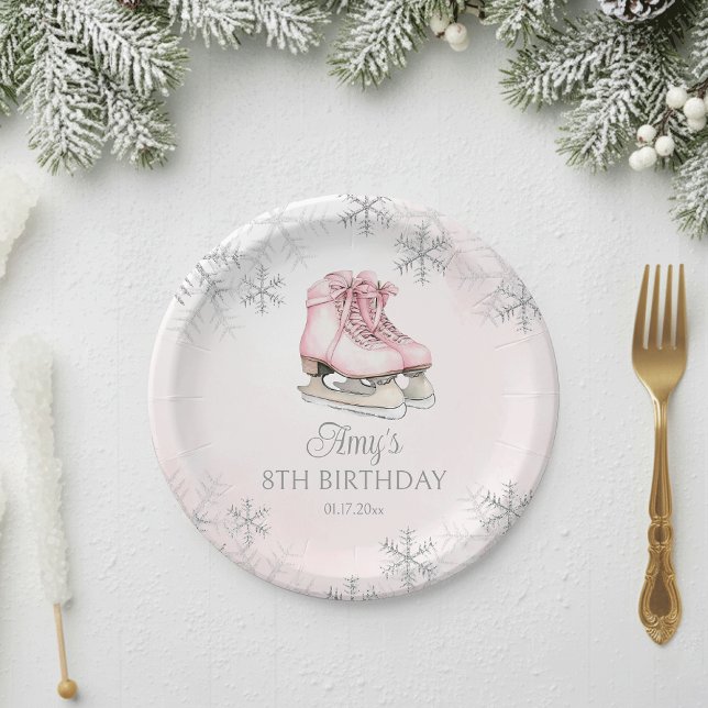 Assiettes En Carton Winter Ice Skating Birthday Pink Silver Snowflakes (Créateur téléchargé)