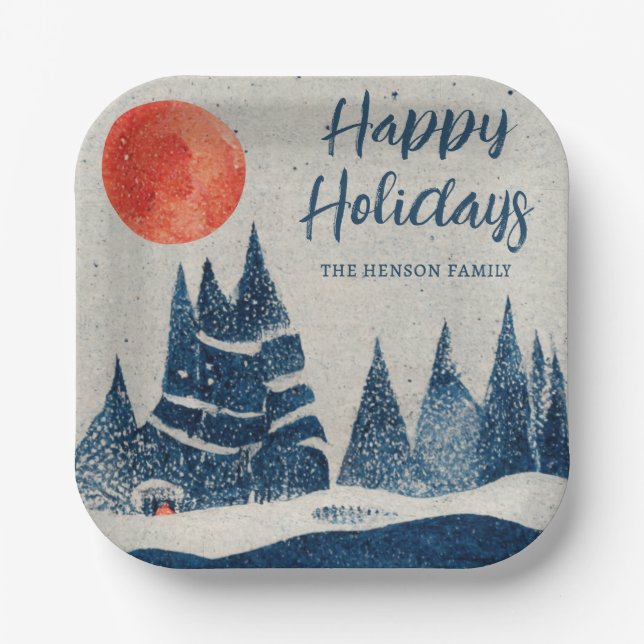 Assiettes En Carton Winter Landscape Forest Moon Navy Blue Drawing  (Recto)
