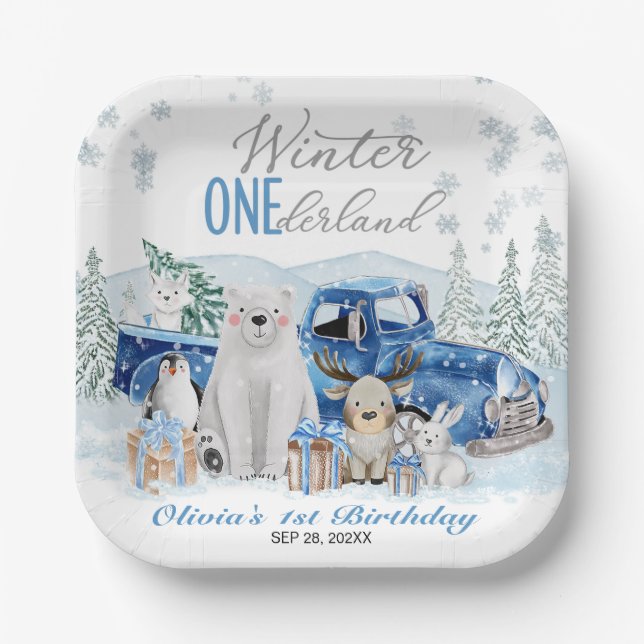 Assiettes En Carton Winter Onederland Arctic Animal Boy 1st Birthday (Recto)