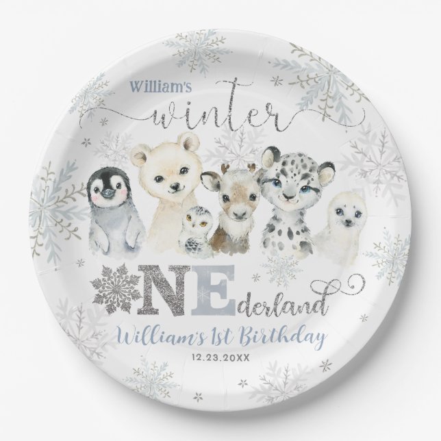 Assiettes En Carton Winter Onederland Arctic Animals Snow 1st Birthday (Devant)
