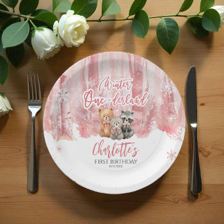 Assiettes En Carton Winter Onederland Bear Pink First Birthday Party