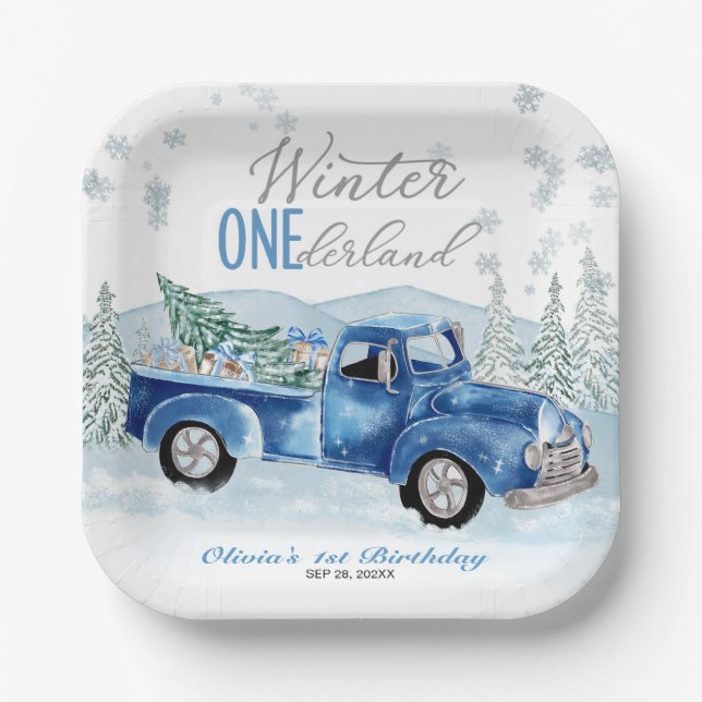 Assiettes En Carton Winter Onederland Blue Truck First Birthday (Recto)