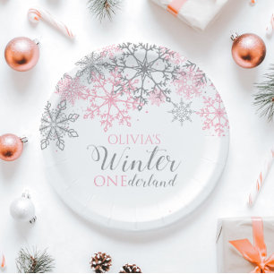 Assiettes En Carton Winter Onederland Flocon de neige argent et rose