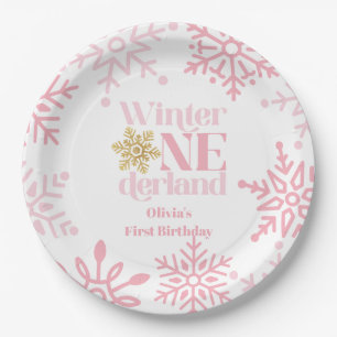 Assiettes En Carton Winter Onederland Pink Snowflake 1er anniversaire