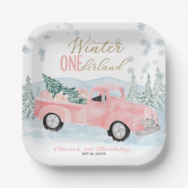 Assiettes En Carton Winter Onederland Pink Truck First Birthday (Recto)