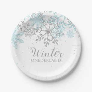 Assiettes En Carton Winter Onederland premier anniversaire bleu et arg