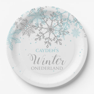Assiettes En Carton Winter Onederland premier anniversaire bleu et arg
