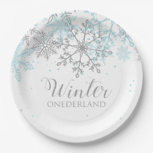 Assiettes En Carton Winter Onederland premier anniversaire bleu et arg