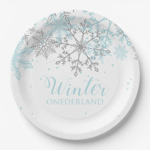 Assiettes En Carton Winter Onederland premier anniversaire bleu et arg