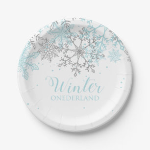 Assiettes En Carton Winter Onederland premier anniversaire bleu et arg