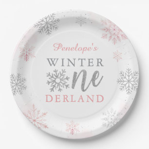Assiettes En Carton Winter Onederland Silver Pink Parties scintillant 