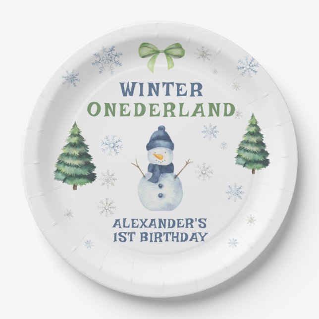 Assiettes En Carton Winter Onederland Snowman 1er anniversaire (Devant)