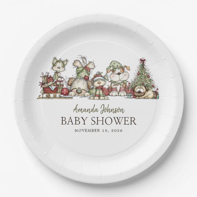 Assiettes En Carton Winter Puppy Christmas Holidays Baby Shower (Devant)