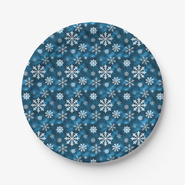 Assiettes En Carton Winter Snowflakes Pattern On Cool Blue Background (Devant)