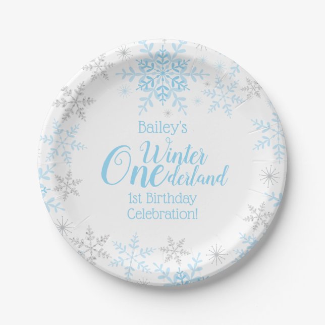 Assiettes En Carton Winter Wonderland 1er Birthday Blue Snowflakes (Devant)