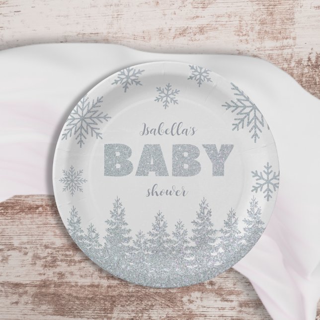 Assiettes En Carton Winter Wonderland Baby shower de Parties scintilla (Winter Wonderland Silver Glitter Baby Shower Paper Plates)